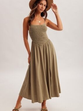 Hem & Thread Olive Smocked Maxi Dress